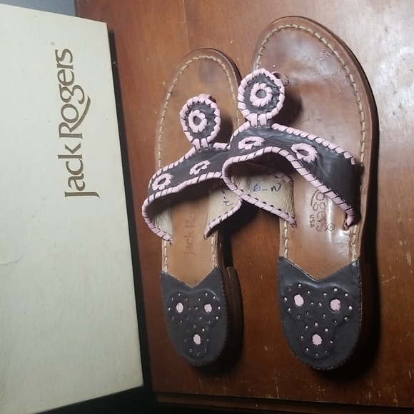 Jack Rogers "Jacks" handmade sandals. 6.5 Narrow chocolate/pink - Picture 2 of 6